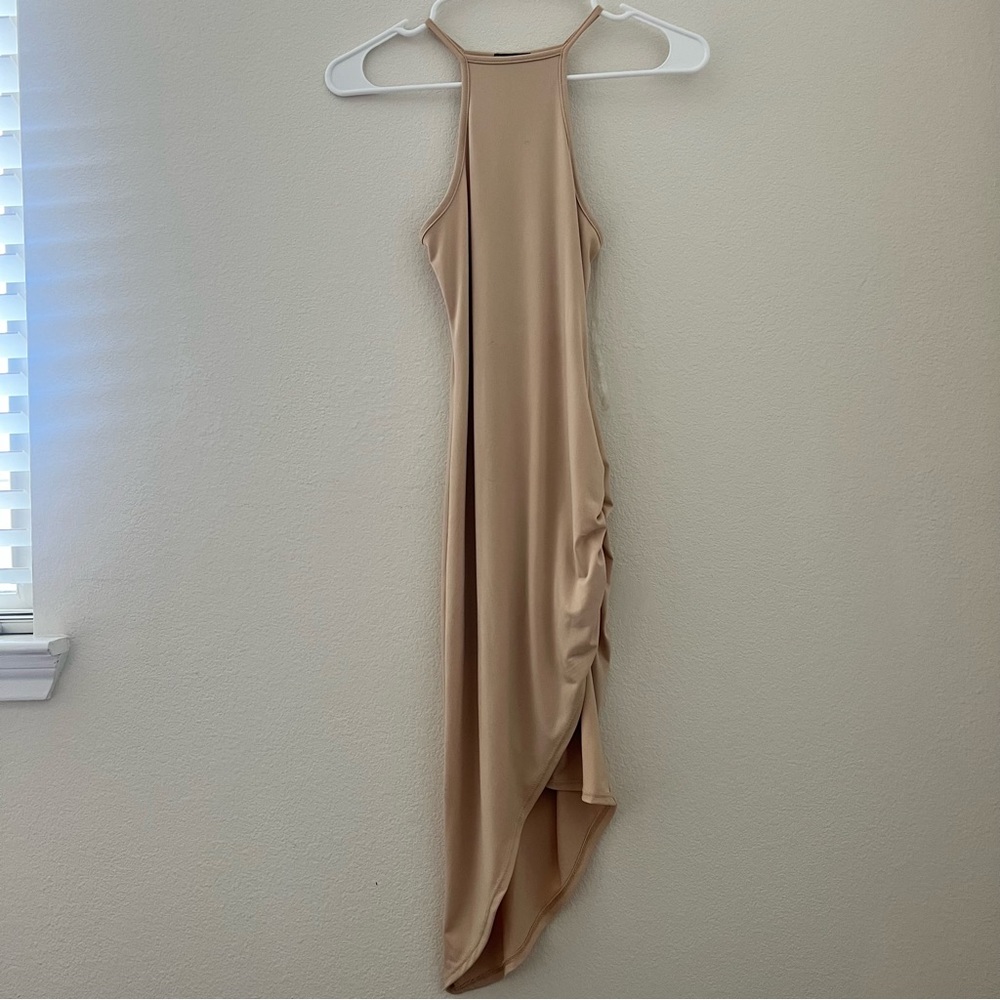 Spaghetti Straps Beige Dress Slit On The Side